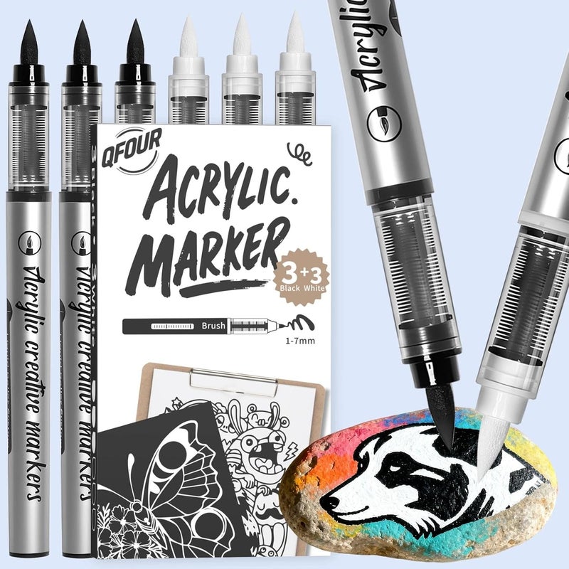 QFOUR 3 White & 3 Black Paint Pen, Black and White Paint Markers for Rock Painting, Wood, Plastic, Ceramic and Frabic, Acrylic Markers, 6 Pack - Image 1